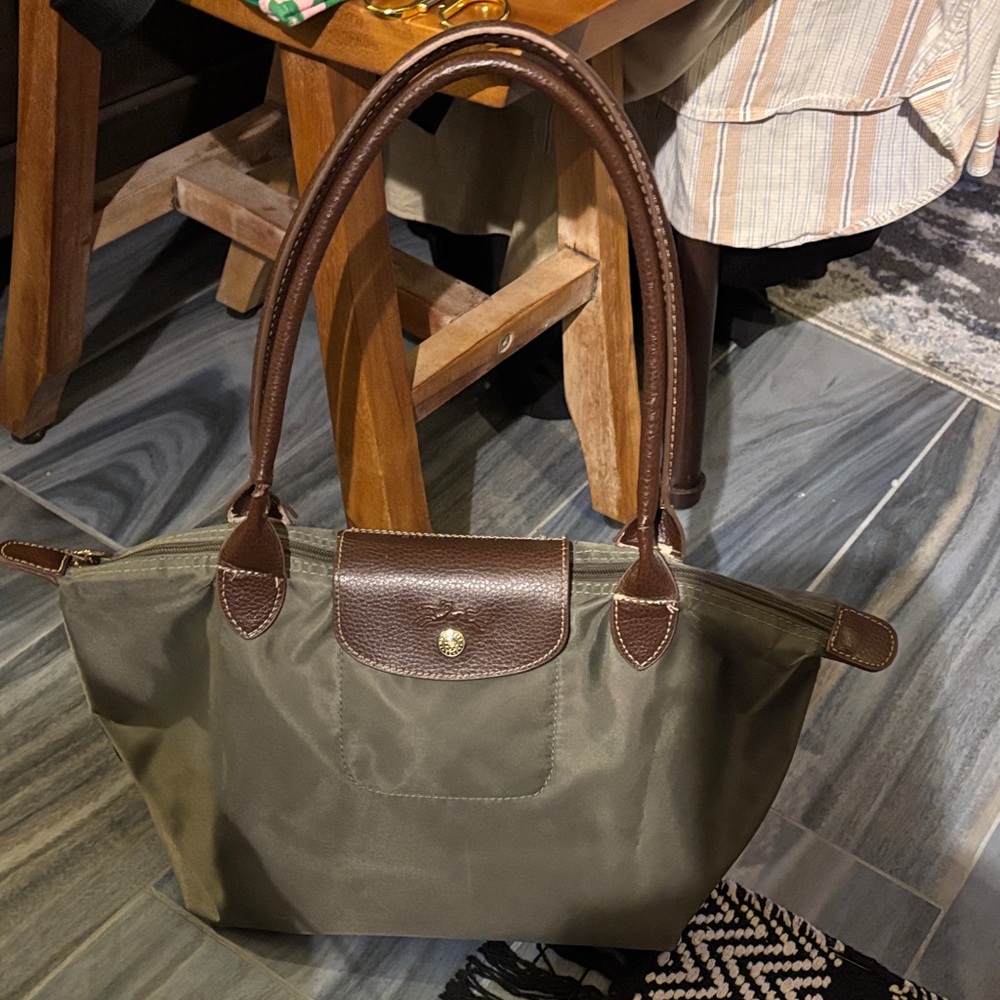 Longchamp Olive Green Tote with Brown Accents - some wear at the end of straps.